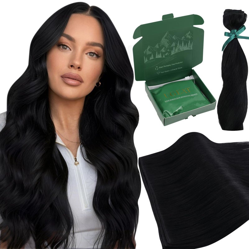 Ugeat Weft Hair Extensions Human Hair Sew in Jet Black Real Hair Extensions 20 Inch Weft Human Hair Extensions Natural Black for Women Invisible Sew in Remy Hair Daily Styling 100G
